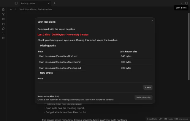 A manual check lists three missing files below the automatic alarm threshold.