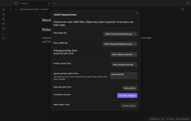 A saved release payload pair is selected for another comparison.