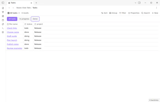 The Done tab has keyboard focus while All tasks stays selected.