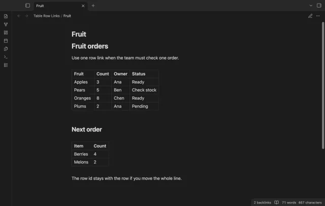 The rendered order tables show cell values without visible anchor comments.
