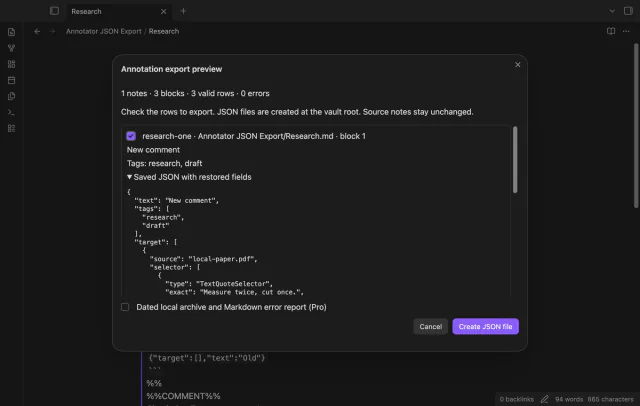 An expanded annotation row shows its current comment and research tags.