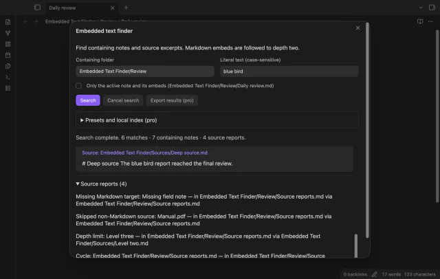 Source reports explain missing files, skipped media and expansion limits.