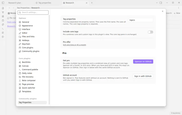The settings show the property list and the optional GitHub Sponsors Pro controls.