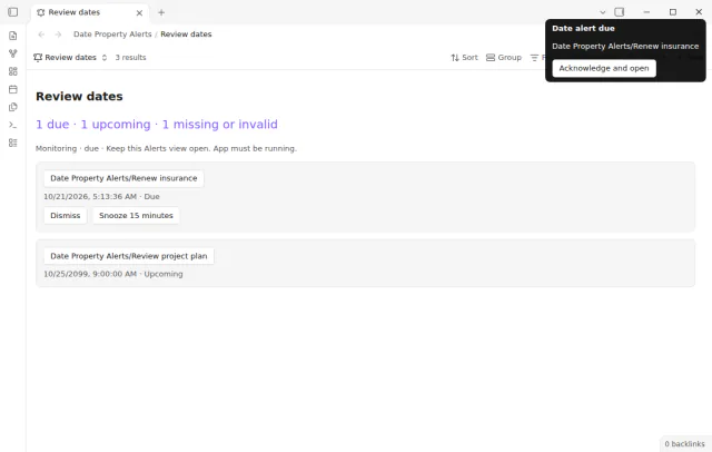 A persistent due notice that opens its note when you click it.
