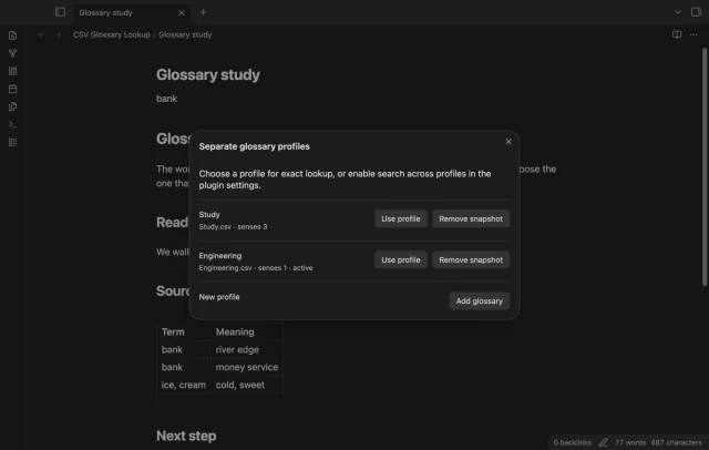 Study and Engineering profiles appear with buttons to select or remove their snapshots.
