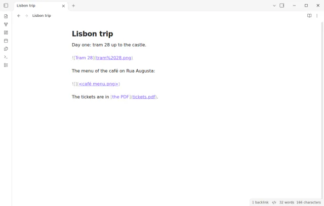 The source of the imported note with the links to the tram picture, the menu picture and the PDF in the vault.