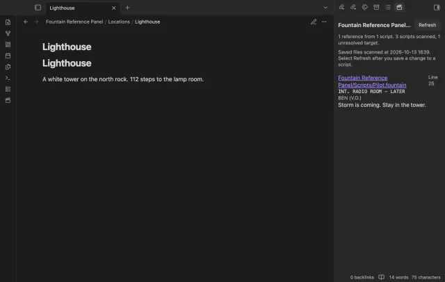 The lighthouse note appears beside a script reference using the display text tower.