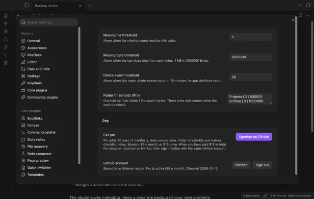 Settings show folder rules alongside the vault alarm thresholds.