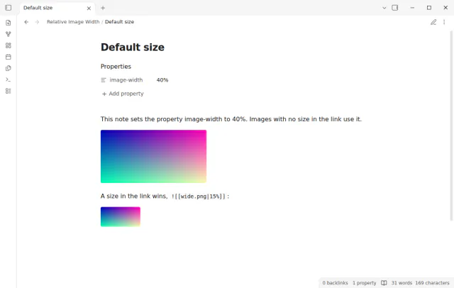 Reading view of a note with image-width set to 40 percent shows the unsized image at 40 percent.