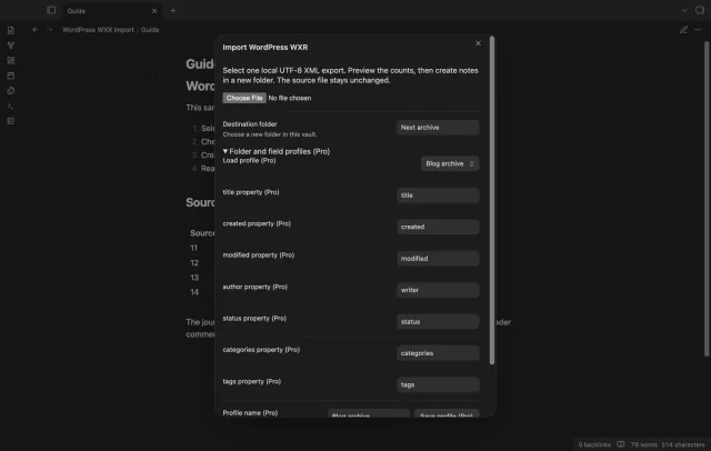 A saved profile contains folder and property mapping controls.