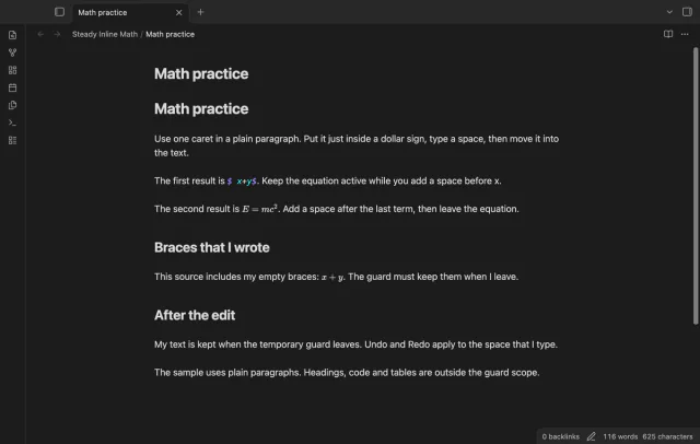 A math practice note shows an active inline equation.