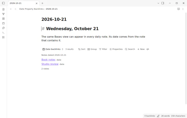 A daily note shows its matching meeting and reading notes in an embedded Bases view.