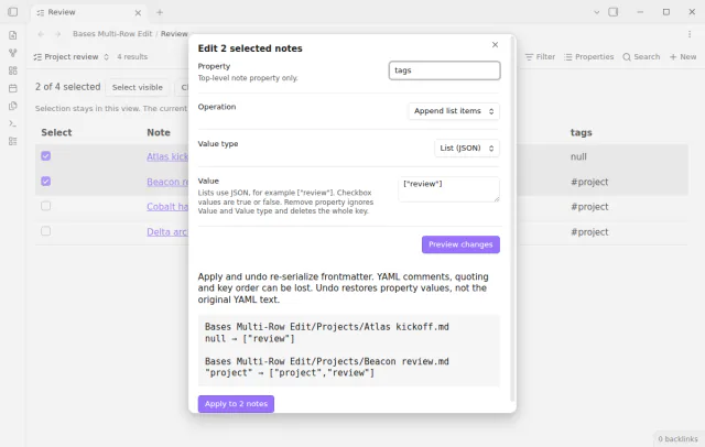 The preview shows the review item added to empty and single-value tag properties.