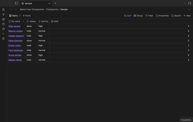 The restored Alpha view shows sample notes in their saved name order.