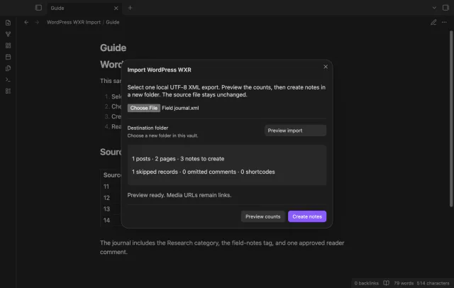 The import preview lists one post and two pages ready for creation.
