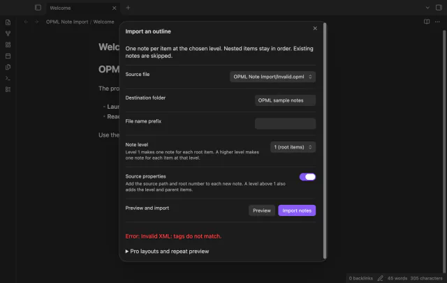 The outline dialog shows an invalid XML error for mismatched tags.