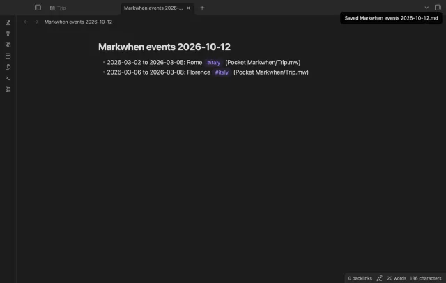 Filtered trip events in a new Markdown list note.