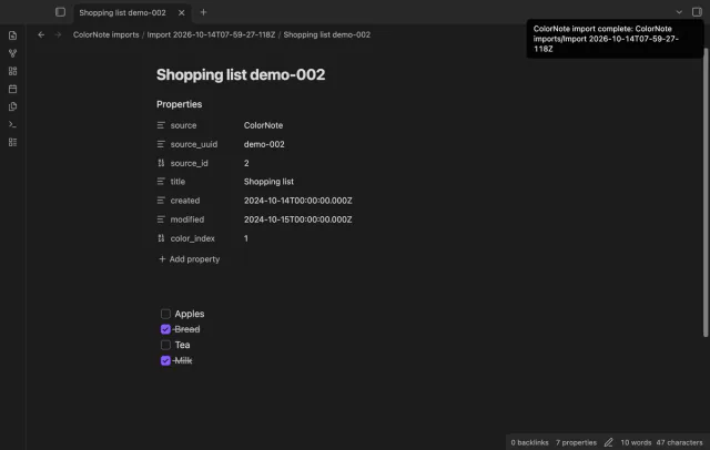An imported shopping checklist shows checked tasks and source metadata.
