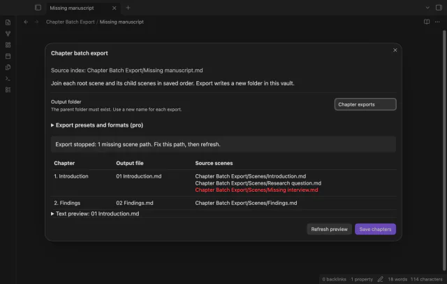 The Obsidian window shows a missing interview scene blocks chapter export.
