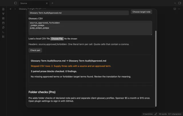 The glossary input shows a skipped row warning above the pair results.