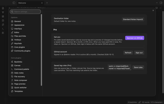 The settings show saved work and travel folder rules beside sample Pro account controls.