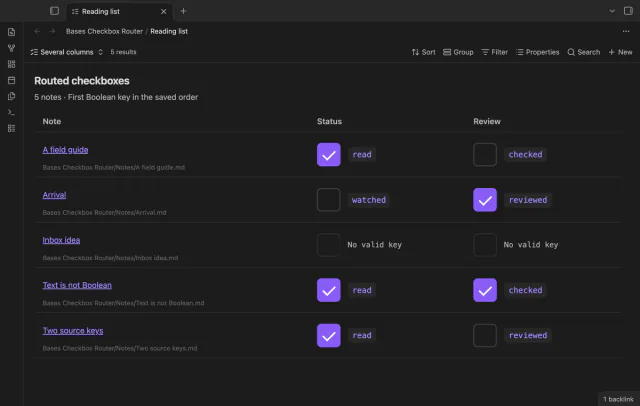Status and Review columns show separate source keys for each note.