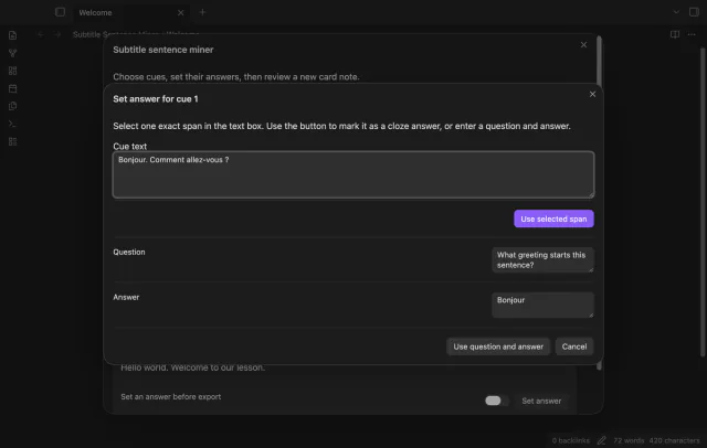 The answer editor shows separate question and answer fields below a French subtitle sentence.