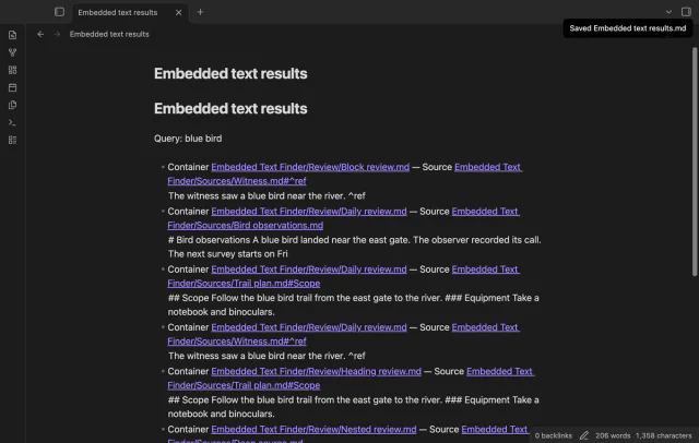 A Markdown result note lists links to containers and matching sources.