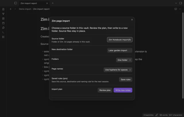 The import dialog shows flat folders, hyphen page names and the Save rules button.