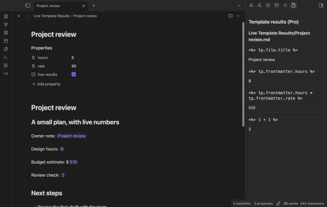 A side panel lists cached commands and results beside their project note.