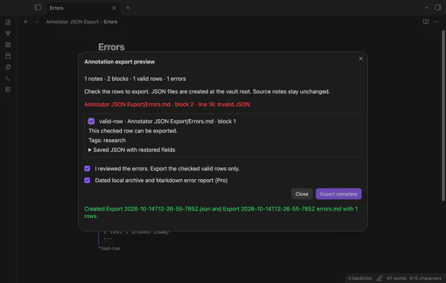 A completed export names a dated JSON archive and Markdown error report.