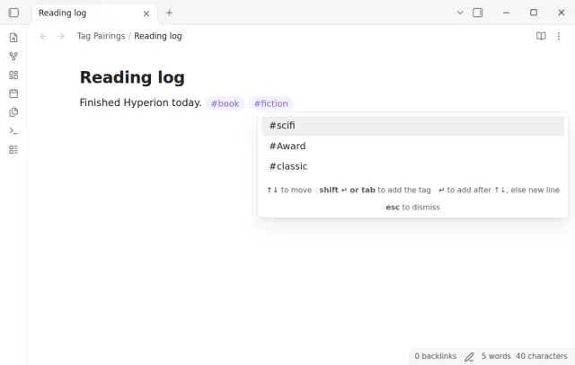 The line now ends with the tags book and fiction, and the box lists the tags that occur with fiction.