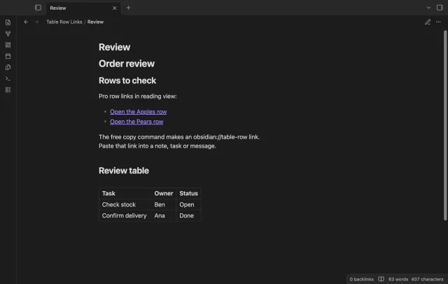 A rendered review note contains links to the Apples and Pears rows.