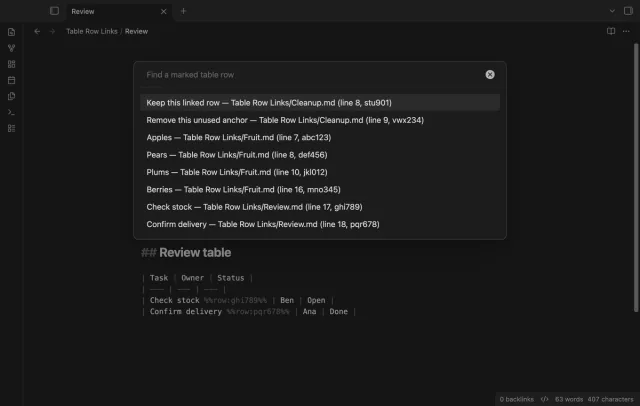The vault picker lists marked rows from fruit, review and cleanup notes.