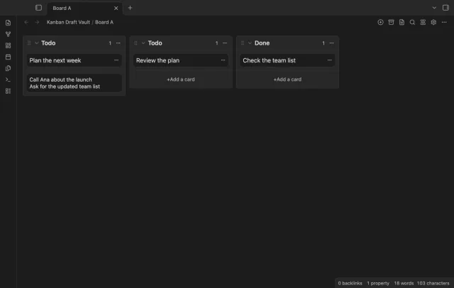 A Kanban new-card form holds a multiline task draft.