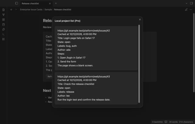 A local project list shows cached fields for two issues.