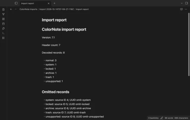 The import report lists decoded records and omitted record classes.