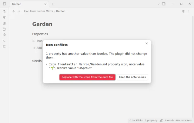 The conflict list shows Garden.md with the note value and the Iconize value.