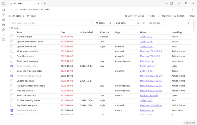 A Task rows view with checkboxes, dates, priorities, tags and note links.