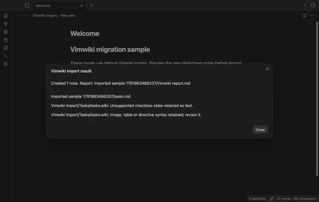 The import result lists one created note and warnings for a checkbox state and image syntax.