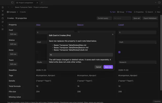 A Pro row-edit dialog lists three target notes for a Cost change.