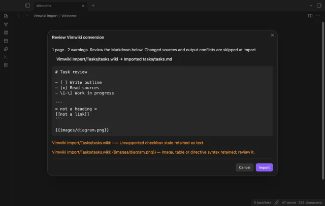 The preview shows converted tasks, a retained partial state, a code block and image syntax warnings.