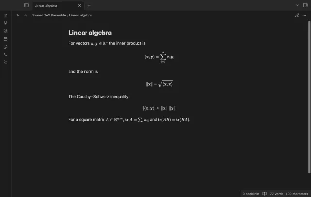 A linear algebra note shows formulas drawn with shared macros.