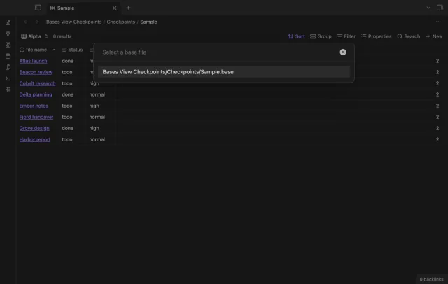 The file picker shows a sample Base ready for selection.