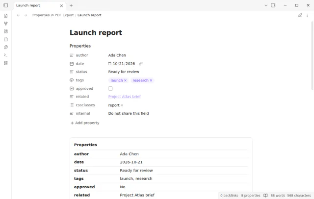 A project report shows author, status, date and related notes in its header.