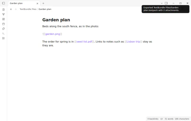 The Garden plan note after the export, with the notice that names the new TextPack and its two attachments.