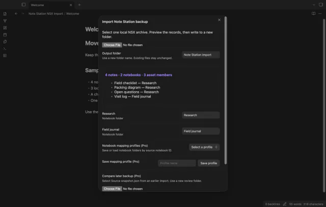 The backup preview shows notebook counts and sample note titles.