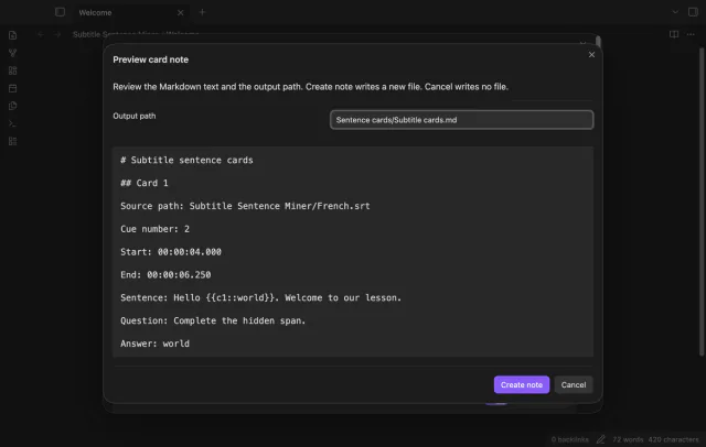 A card preview with a hidden word, answer, source path and times.