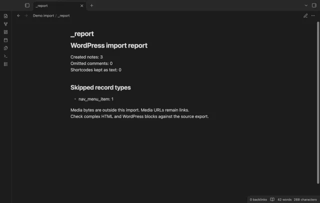 The report counts skipped records and omitted comments.