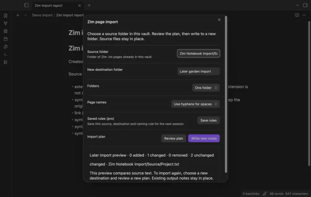The later preview lists one changed garden source page and two unchanged pages.